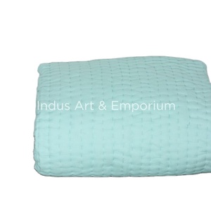 Solid Plain Kantha <b>Double</b> Bed Quilt Set With Two <b>Pillow</b> Cases Block Printed <b>Double</b> Vintage Summer Ac Comforters - Product Image 1