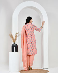 Hand Block Printed Cotton Suit Set with Dupatta | Floral Ethnic Kurta <b>Pant</b> Set - Product Image 3