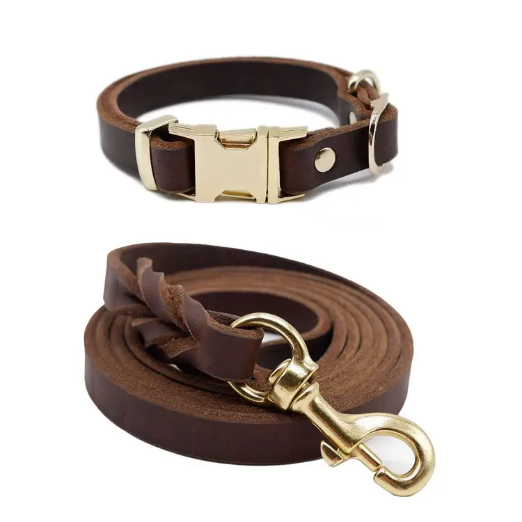 Good Quality Hot Selling Cowhide Pure Leather Dog Collar Leash Lead Set Pet Supplies Wholesale OEM Custom Design Dog Lead Collar