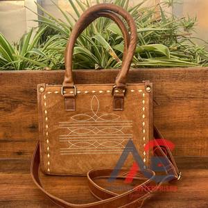 Sac fourre-tout de luxe pour femmes en cuir suédé véritable Tan Mini Sac fourre-tout Western Boot Stitch Crossbody Purse Cowhide Leather Handbag - Product Image 1