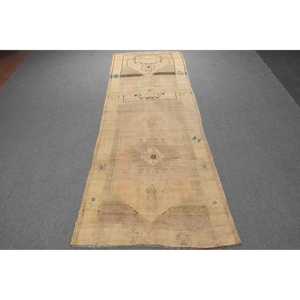 Turkish Rug, 3.7x10.5 ft Runner Rug, <b>Brown</b> Abstract <b>Wool</b> Vintage Rug - Product Image 1