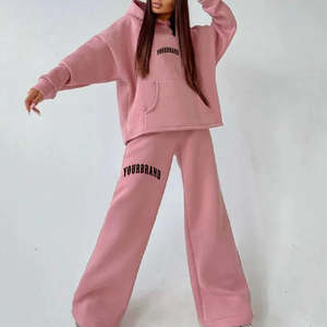 Ensemble de survêtement sportif pour femme en molleton de coton lourd d'hiver OEM, sweat-shirt à capuche long décontracté, jogging, uni, dentelle - Product Image 1