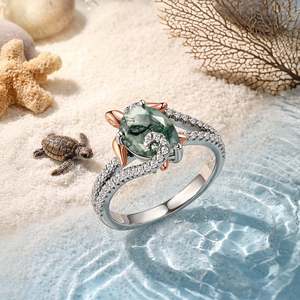 Jeulia Hug Me Two Tone Sea Turtle Moss Agate Engagement <b>Ring</b> - Product Image 5