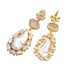 Premium Brass <b>Cluster</b> Earrings Gold Plated Zircon Raw Natural Stone Design High Polish Gold Plated Nickel Free Durable - Product Image 3