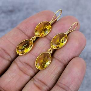 Pendientes de Plata de Ley 925 con Baño de Oro y Gema de Citrino en Corte Ovalado para Mujer, Pendientes Modernos para Damas de Honor, Regalo para Ella - Product Image 3