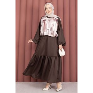 Conjunto de 2 Piezas de Satén con Falda Estampada Color Café, Estilo Formal, Top Deportivo de Mezclilla y Pantalones para Primavera/Verano, Talla XS - Product Image 4