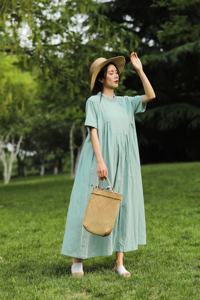 ชุดเดรสยาวสไตล์วินเทจสำหรับทำงานในสำนักงานชุดเดรสผ้าฝ้ายผ้าลินินมีจีบหรูหราสำหรับอาชีพเดรสแม็กซี่คอตตอนลินินคอกลม - Product Image 6