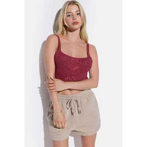 Top court décontracté avec bretelles fines, design tricoté, logo sur le devant, style court - 00333 - Product Image 2