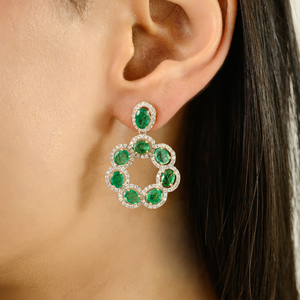 Beautifully Floral Inspired Luxury <b>Emerald</b> & Diamond Real 18K Yellow Gold Statement <b>Drop</b> <b>Earrings</b> Women Wedding Gift Jewelry - Product Image 2