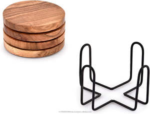 Dessous de verre en bois d'acacia avec support en métal Tapis et tampons ronds en bois avec fil de fer pour boissons Organisateur de stockage de dessous de verre à café - Product Image 3
