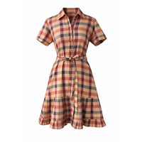 Mini-robe décontractée en coton 100% tissé, respirante, à col, à volants, boutonnée, à carreaux, pour tous les jours et les remises de diplômes, taille XS, teinte unie naturelle