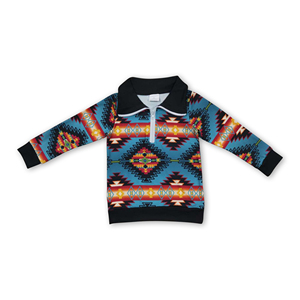 Pull à fermeture éclair pour enfants et adolescents, style western, couleur turquoise-brun, motif aztèque, OEM/ODM/RTS. - Product Image 5