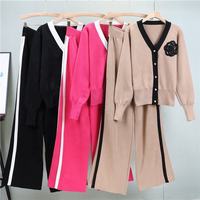 Automne et hiver nouveau décontracté col en v Cardigan haut et mi-long pantalon large couleur unie deux pièces pull ensemble 2025 design