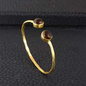 Hot Selling <b>Boho</b> Gemstone Cuff <b>Bracelet</b> Minimalist Brass Bangle Women 18k Gold Plated Double Stone Bangles for Wholesale/OEM/ODM - Product Image 2