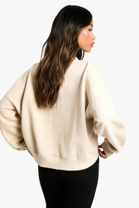 Sudadera de forro polar para mujer con cuello en V, manga larga, estilo relajado, casual, color liso, con logo minimalista en el pecho, estilo urbano, al por mayor - Product Image 4