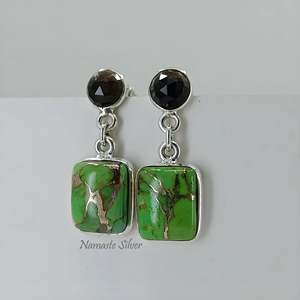 Pendientes Colgantes Finos de Plata de Ley 925 con Turquesa Verde y Cuarzo Ahumado, Gemas Naturales Dobles, Joyería Boho Hecha a Mano, Única - Product Image 2