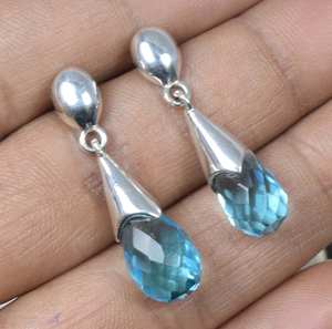 High Quality Solid 925 Sterling <b>Silver</b> Classic Modern Natural Blue Quartz Faceted Gemstone Drop <b>Earrings</b> for Party <b>Weddings</b> - Product Image 2