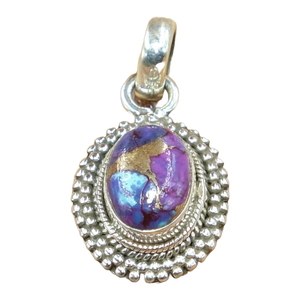 Colgante de Plata de Ley 925 con Cabujón Ovalado de Turquesa Cobre Púrpura Natural, Marco de Cuentas Hecho a Mano, Joyería Tribal Vintage Boho - Product Image 1