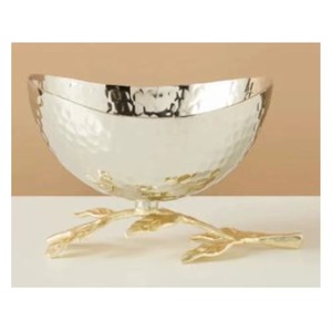 Metal Hammered Serving <b>Bowl</b> with Leaf Accents Perfect for Fruit <b>Snack</b> Nuts Ideal for Hotel Restaurant Dining Table Decor - Product Image 1