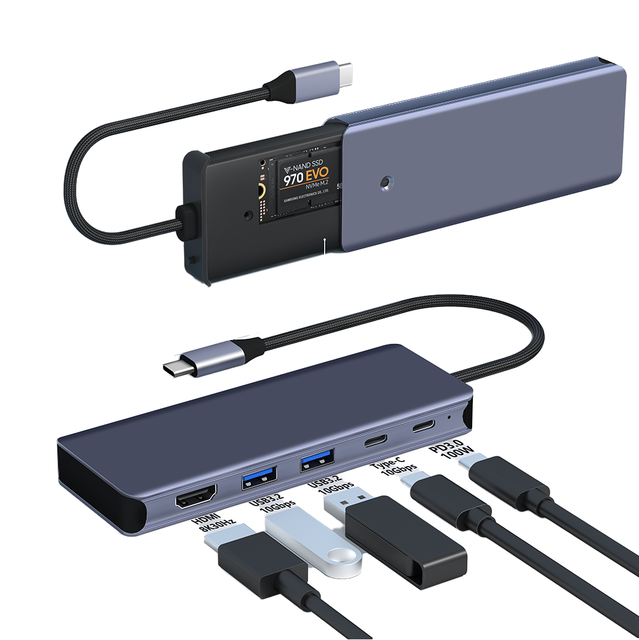 6 Ports Docking Station M.2 NVMe Enclosure 2280 2242 USB Type-C Hub Ethernet 1000Mbps for 4K 60Hz 10Gbps USB3.2 90W PD Aluminum