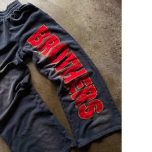 Pantalon zippé évasé personnalisé Baggy lavé à l'acide patch de broderie de sueur délavée au soleil logo de point de contraste sueur empilée délavée au soleil pour hommes - Product Image 3