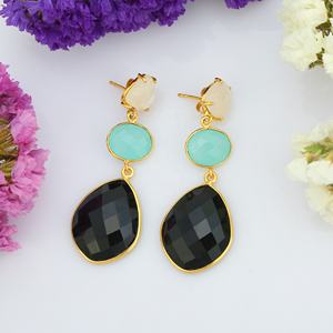 Boucles d'oreilles longues en argent sterling 925 haut naturel blanc arc-en-ciel Aqua calcédoine et onyx noir Design à la mode - Product Image 3