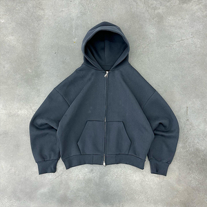 Heavyweight Cotton Drop Shoulder Vintage Washed Men 500 Gsm Boxy Zip up Hoodie Cropped Boxy Double Zipped Hoodies - Product Image 4