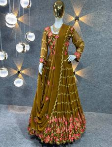 Robe de costume indien à manches longues avec broderie Georgette Pure et séquence, tenue de travail à manches longues, Anarkali Salwar, avec dupata - Product Image 5