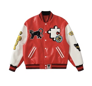Custom Embroidery Logo Red Color Crop Men Leather Coats Oem Pu Leather Varsity <b>Jacket</b> for Men - Product Image 1