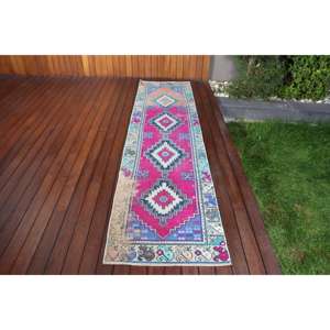 Vintage Turkish <b>Runner</b> Rug 2.4x9.6 ft, <b>Red</b> Blue Floral Wool Rug - Product Image 1