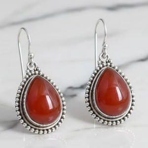 Carnelian <b>Teardrop</b> Dangle <b>Earrings</b> Sterling Silver Beaded Bezel Drop Simple Artisan Jewelry Gift For Women - Product Image 1