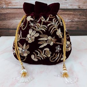 EMBROIDERY on DARK MAROON VELVET POTLI WRIST BAGS EMBELLISHED CRYSTAL GLASS BEADS,STONE,DABKA WORK for PARTY-WEAR/<b>WEDDING</b> @ 2024 - Product Image 1
