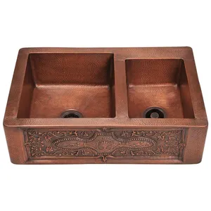 Fregadero de lavabo de Metal de cobre sólido puro de Venta caliente de doble cuenco para uso de baño de lujo de Hotel en diseño moderno - Product Image 6