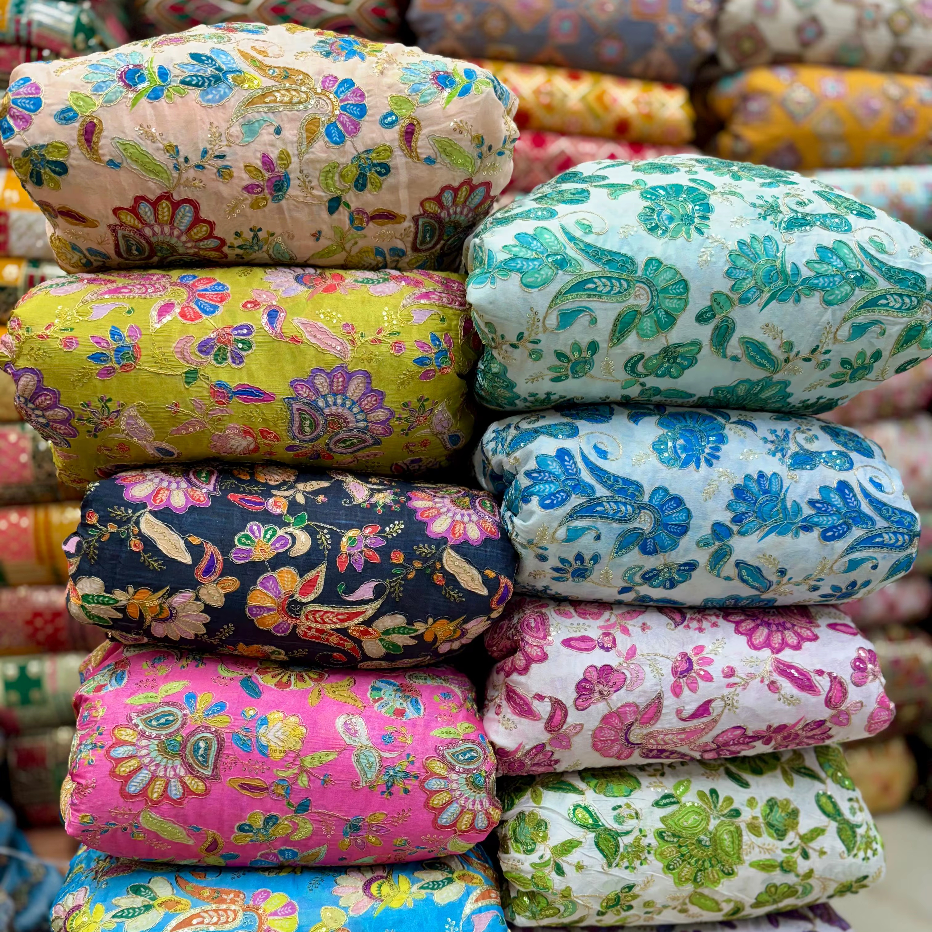 Flowing Breathable Floral Embroidered Poly Chinon Fabric for Wedding Dresses Boys' Kurta Shawls-Custom Colors Medium Weight