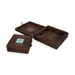 Juego de 2 Cajas de Almacenamiento de Mimbre y Ratán con Detalles de Cerámica, Caja Decorativa de Mimbre con Tapa, Venta al por Mayor, Vietnam - Product Image 2