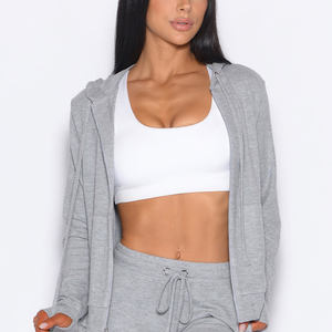 Wholesale Custom <b>Light</b> Grey Full Zip Women's Sweat Hoodie Anti-Wrinkle Breathable Hoodies For Woman Workout Women Zip Up Hoodie - Product Image 4