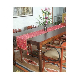 Red Floral Embroidered 100% Organic Cotton Solid Interior Sustainable Events Luxury <b>Dining</b> Tasselled <b>Table</b> <b>Runner</b> Party Decors - Product Image 1