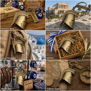Porte-clés personnalisé en laiton moulé sous pression, casque corinthien grec vintage 3D, hibou Athéna antique, souvenir de Grèce, vente en gros - Product Image 4