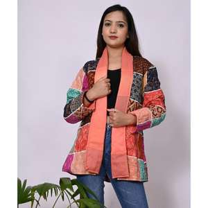 Veste en soie pour femmes Vintage Boho fait à la main léger coton matelassé imprimé Techniques vêtements d'extérieur courts pour l'hiver - Product Image 1