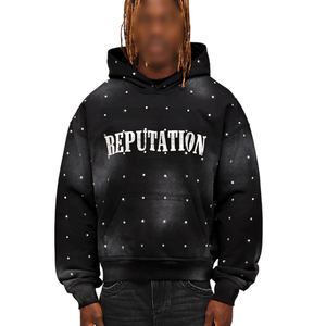 Casual negro con patrón de estrella brillante hombro caído diseño con capucha manga larga y bolsillo delantero sudaderas con diamantes de imitación elegantes - Product Image 1