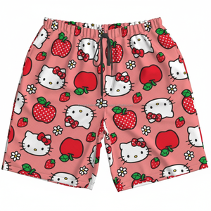 กางเกงขาสั้นตาข่ายผู้ชายขายส่ง น้ำหนักเบา รับผลิตตามแบบ (OEM) ลายการ์ตูนน่ารัก พิมพ์ลายหัวใจและแอปเปิ้ล กางเกงขาสั้นลำลองสำหรับฤดูร้อน - Product Image 1