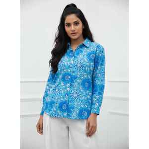 Camisa Casual de Manga Larga para Mujer, Estampada a Mano, Azul y Blanca con Diseño Floral, Tela de Popelina de Algodón Modal, Diseño Dibujado a Mano, Talla XL, Bordada - Product Image 2