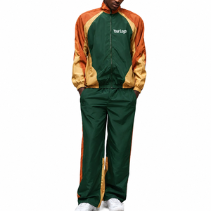 Survêtement unisexe vert et orange imprimé, blocs de couleur, manches longues, fermeture éclair sur le devant, poche, style streetwear sportif, séchage rapide, 100 % nylon - Product Image 1