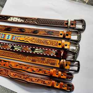 Cowhide Leather <b>Western</b> Aztec Beaded Floral Hand Tooling Design Alloy Buckle Custom <b>Belt</b> for <b>Men</b> Women at Best Price Wholesale - Product Image 4