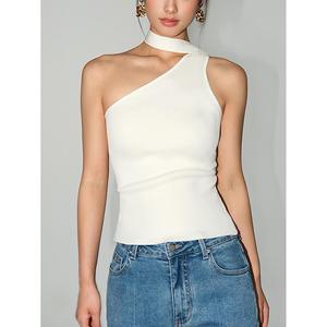 Women's Off <b>White</b> Asymmetric One-Shoulder Halter Ribbed Knit Tank <b>Top</b> - Product Image 3