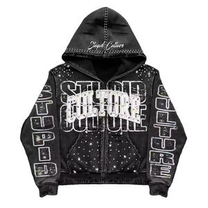 Sudadera con capucha y cremallera para hombre, personalizable, de algodón 100% de alto gramaje, con lavado ácido, efecto desgastado, bordado, serigrafía y adornos de pedrería - Product Image 1