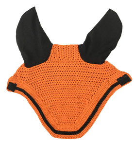 Voile anti-mouches orange en crochet pour cheval, avec couvre-oreilles noirs et bordure contrastante, fait main, rembourré doux et confortable, bonnet équestre pour l'équitation - Product Image 1