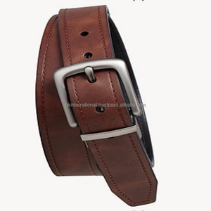 เข็มขัดลำลองแฟชั่นของผู้ชายหนังแท้ลายหนังแท้สีน้ำตาลเข้มแบบเย็บขอบแข็งแรงและหัวเข็มขัดแบบกลับด้านได้สีเงิน - Product Image 2