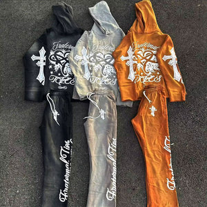 Pull-over vintage personnalisé de style urbain vêtements de sport pantalons évasés respirants brodés en détresse lavés survêtements à coupe ample pour hommes - Product Image 3