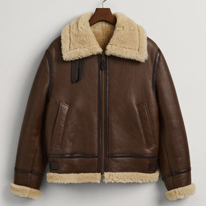 Chaqueta de piel de oveja para hombre, abrigo de vuelo informal con cierre de cremallera, chaqueta de bombardero de piel auténtica - Product Image 6